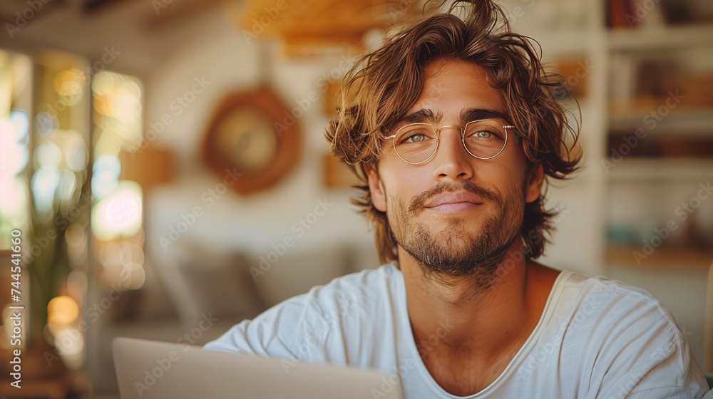 Obraz premium Home Office : Happy young man looking while using laptop at cozy home office.bright white tone.