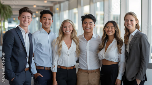  Group of young confident and handsome businessmen with a friendly smile and young bueatiful businesswomen with a friendly smile, standing together.