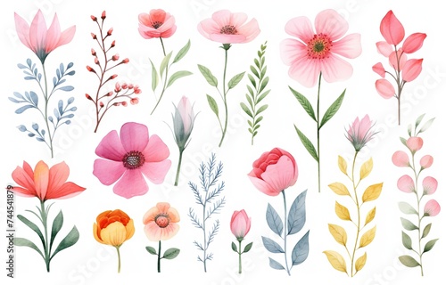  watercolor cartoon illustration, cute flower cosmos and daisy collection set , white background, Generative Ai
