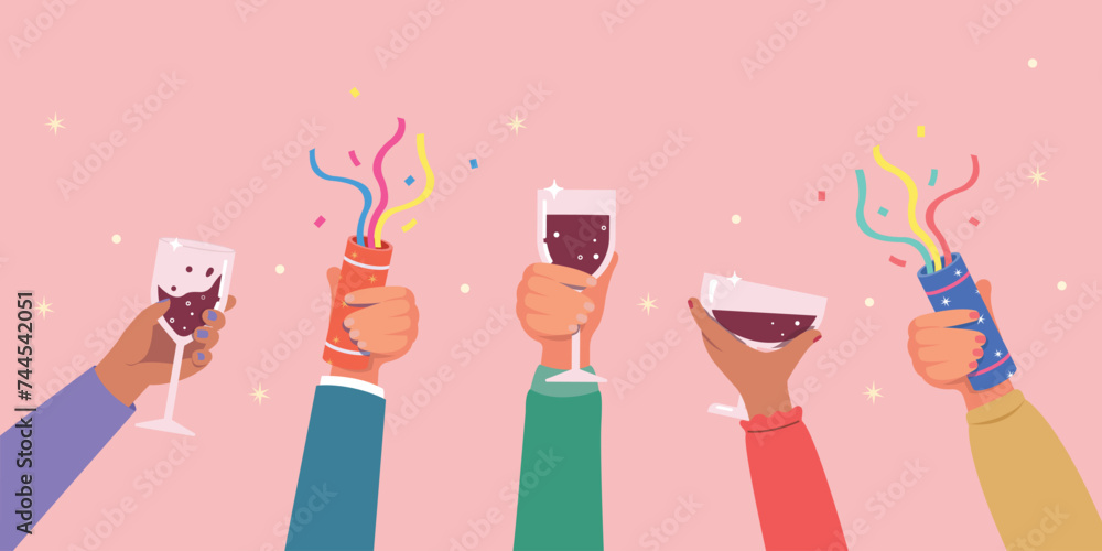 Happy people celebrating birthday party, Hand with champagne for celebration. People Toasting With Wine Or Champagne. - obrazy, fototapety, plakaty 