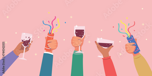 Happy people celebrating birthday party, Hand with champagne for celebration. People Toasting With Wine Or Champagne.