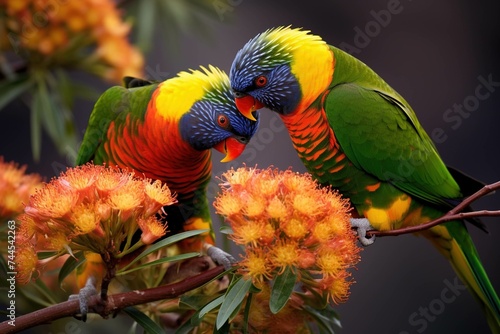 A pair of rainbow lorikeets sharing nectar from a native flower