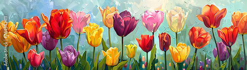 Colorful painted tulips in a panoramic oil painting with a textured finish.