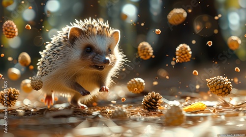 A humorous image of a determined hedgehog attempting to juggle pinecones, with the prickly pinecon