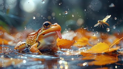 A funny cartoon frog attempting to catch flies with its tongue, but ending up with its tongue stuc photo