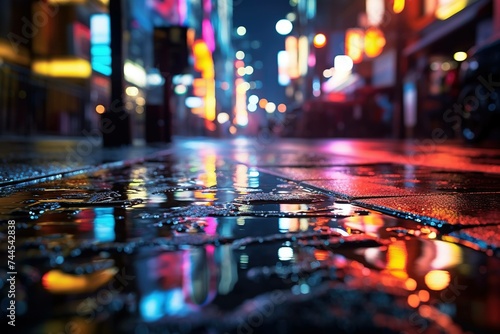 Close-up of raindrops hitting a city puddle, with blurred neon signs reflecting on the surface