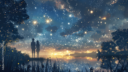 A couple stands by a lakeside under a celestial sky, with a magical mingling of starlight and fireflies.