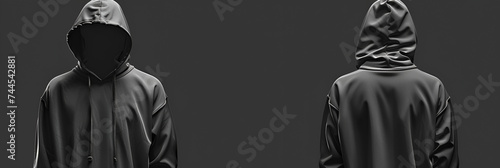 Thief in black clothes with view of front and back on dark background Ai Generative photo