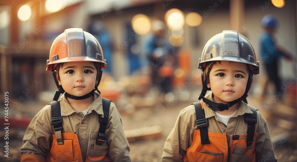 Portrait of Baby builders, wearing working form and helms Portrait of Baby builders, wearing working form and helms
