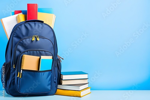 Full school backpack with books isolated on blue background with copy space