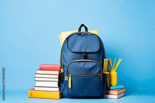 Full school backpack with books isolated on blue background with copy space