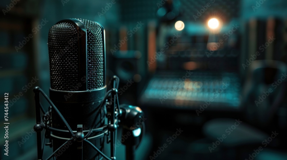 A professional microphone set against a blurred background A professional microphone set against a blurred background