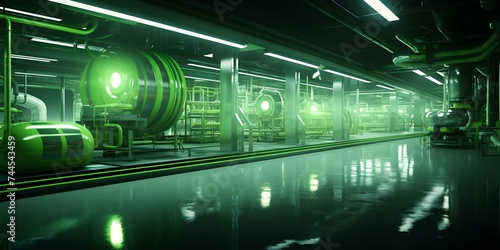 Glimpse into a modern factory space with glowing green accents futuristic vibes. Concept Factory Tour, Modern Design, Green Accents, Futuristic Vibes