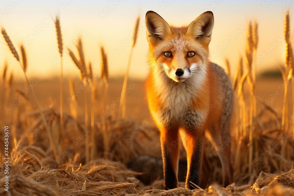 Obraz premium Red fox standing alert in a field of ripe wheat, tinged by a setting sun