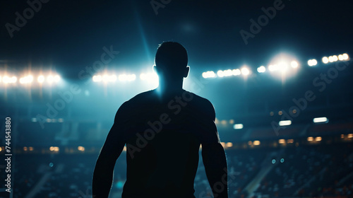 An athletes silhouette against the backdrop of a brightly lit stadium at night.