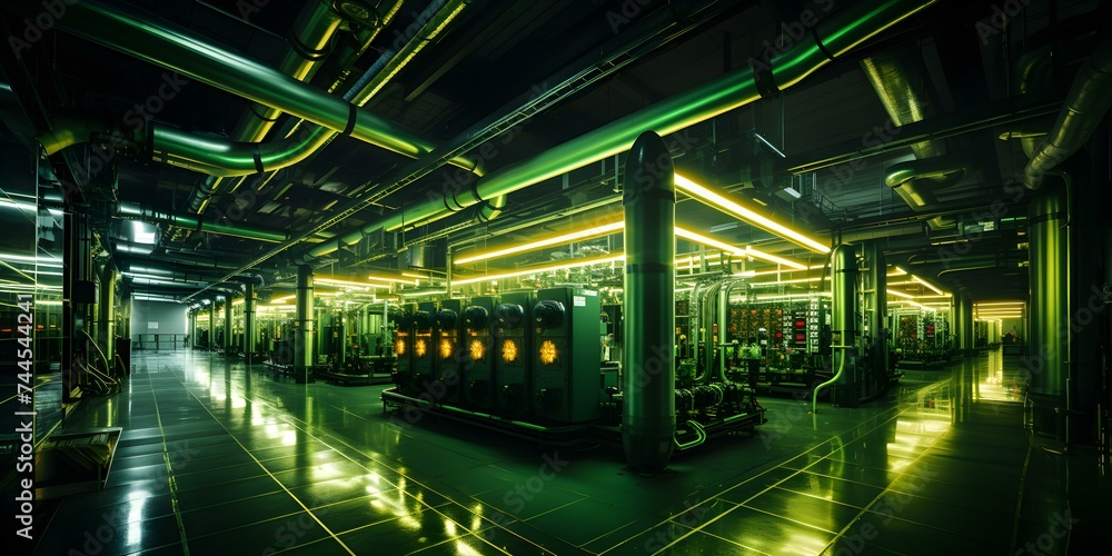 A Look Inside a Modern Factory Space with Futuristic Green Accents. Concept Modern Factories, Futuristic Design, Green Accents, Interior Spaces, Industrial Architecture A Look Inside a Modern Factory Space with Futuristic Green Accents. Concept Modern Factories, Futuristic Design, Green Accents, Interior Spaces, Industrial Architecture