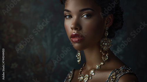 An elegant portrait of a woman adorned in luxurious jewelry against a dark moody background. photo