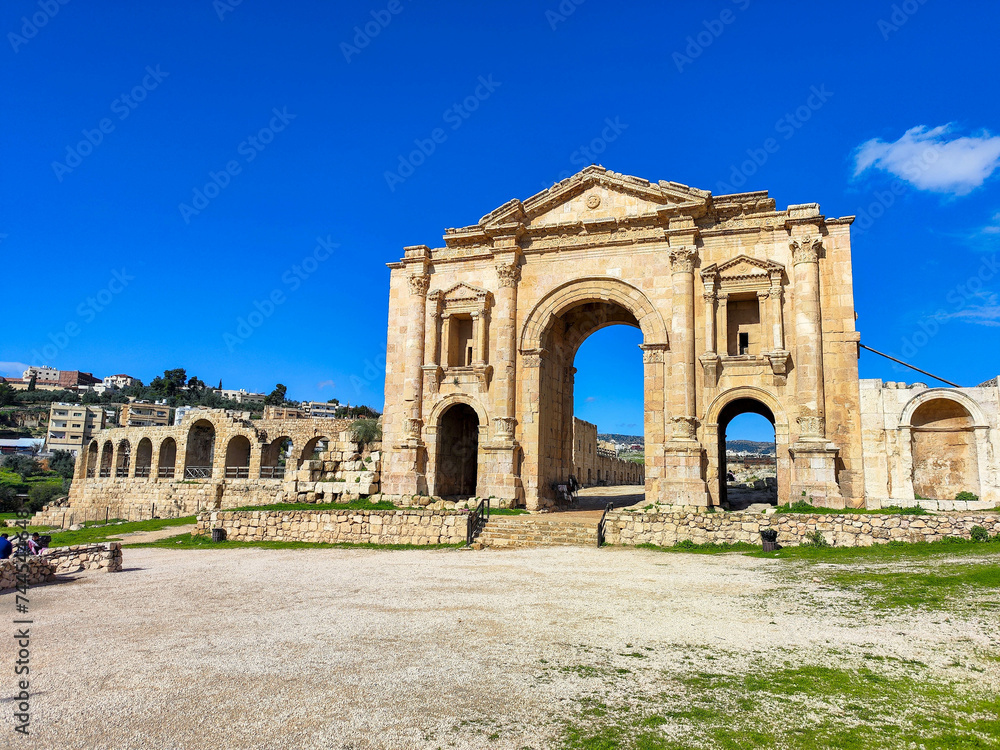 Adriano's arch at roman ruins of Jerash in Jordan