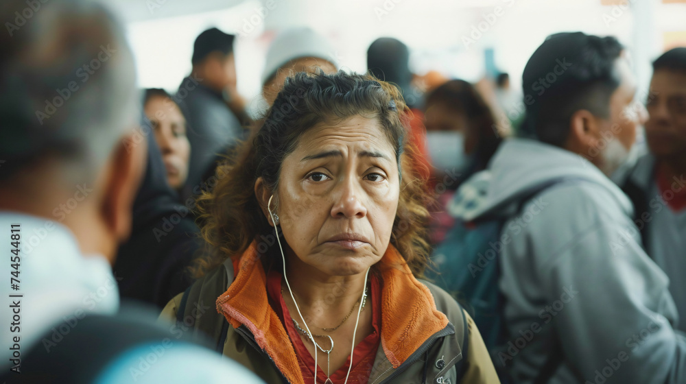 An emotional scene at an immigration processing center capturing the anxiety and hope of migrants as they await their fate. - obrazy, fototapety, plakaty 