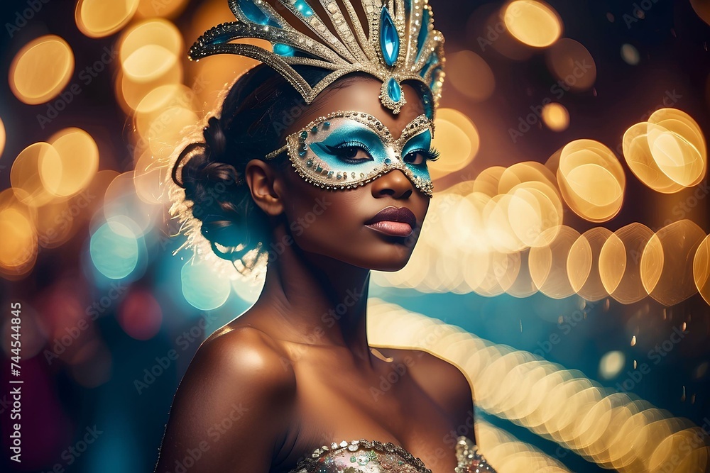 Enchanting Masquerade Carnival: Portrait of Woman with Bokeh Lights Background - Fantasy Art for Creative Projects