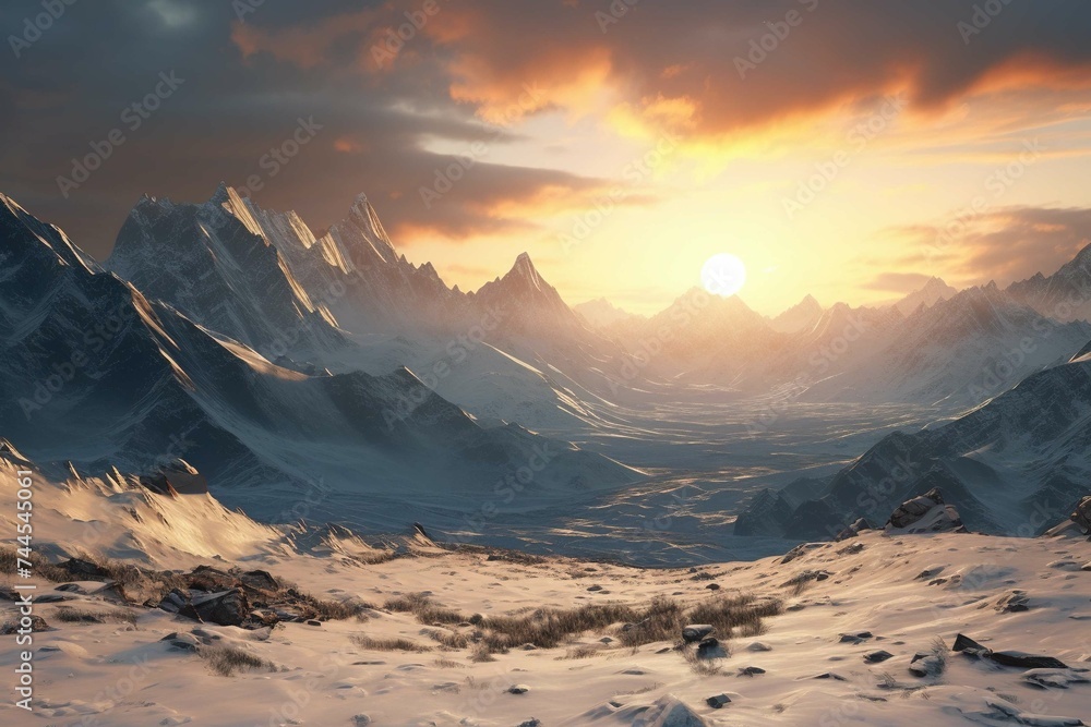 Sun setting behind a jagged mountain range, casting shadows across a snowy landscape