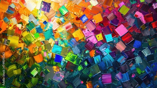 Colorful squares dance across a vibrant, multicolored canvas, igniting the imagination. Abstract background.
