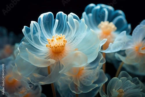 Translucent petals of a jellyfish-like flower underwater illuminated by bioluminescence