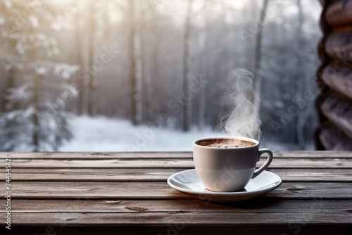 Steaming cup of Finnish coffee placed on a frozen wooden table outdoors