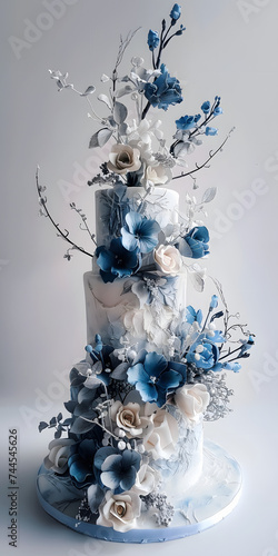 White wedding cake decorated with blue and white flowers and branches on a white background. Wedding celebration. 