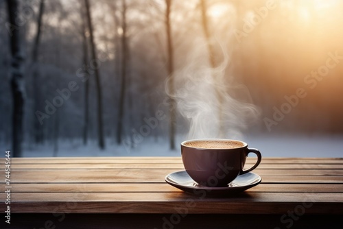 Steaming cup of Finnish coffee placed on a frozen wooden table outdoors