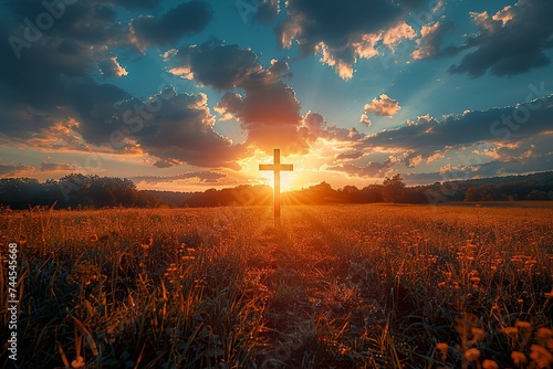 Christian Cross on a field at sunset © krishnendu