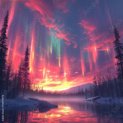 The beauty of the imaginative art of the aurora dancing on the coast at night and the sky above the trees is full of color and fantasy. good for inspiration  websites  business etc. Generative Ai