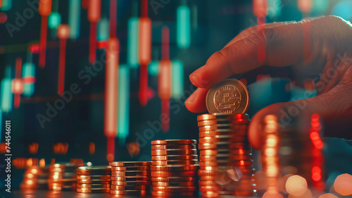 A stack of coins with a digital graphic indicator symbolizing the market's ups and downs 