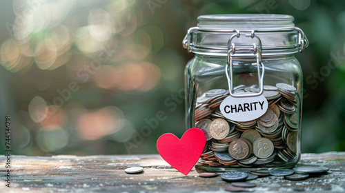 glass jar filled with coins and labeled "CHARITY", with a red heart symbol beside it,