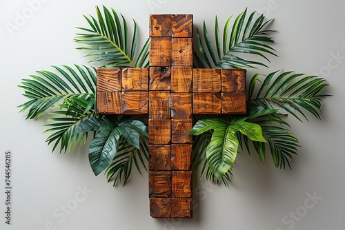 Palm Sunday. Wooden christian cross with palm leaf on white wall background