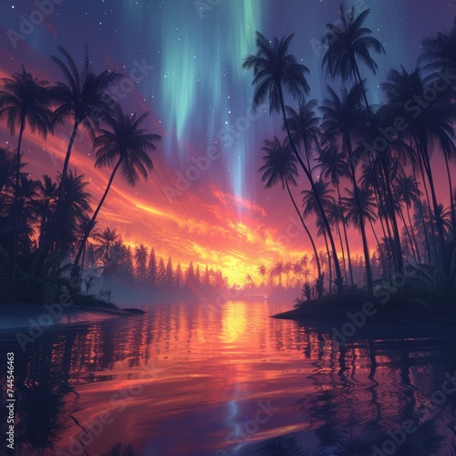 The beauty of the imaginative art of the aurora dancing on the coast at night and the sky above the trees is full of color and fantasy. good for inspiration  websites  business etc. Generative Ai