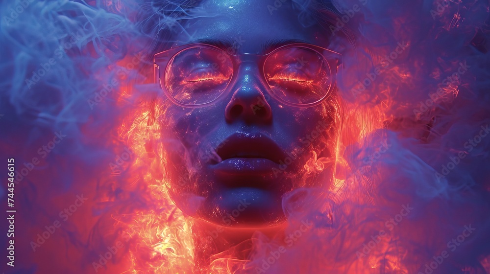 close-up portrait of a girl and smoke in neon light