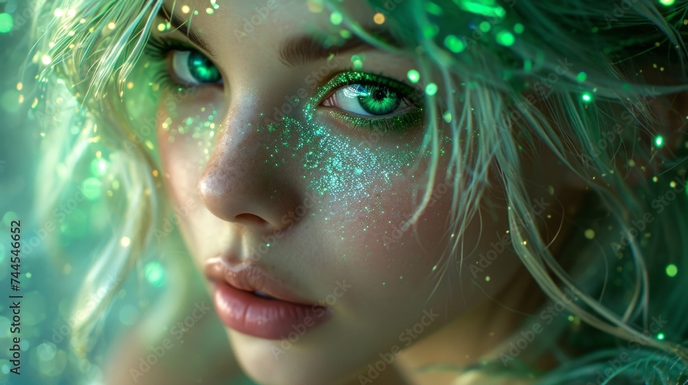 Fairy with green eyes and green glitter on her face Fairy with green eyes and green glitter on her face