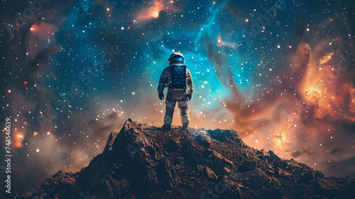 Astronaut at spacewalk. Cosmic art science fiction, Cosmic art, science fiction wallpaper. Beauty of deep space. Billions of galaxies in the universe. Astronaut at spacewalk. Generative Ai