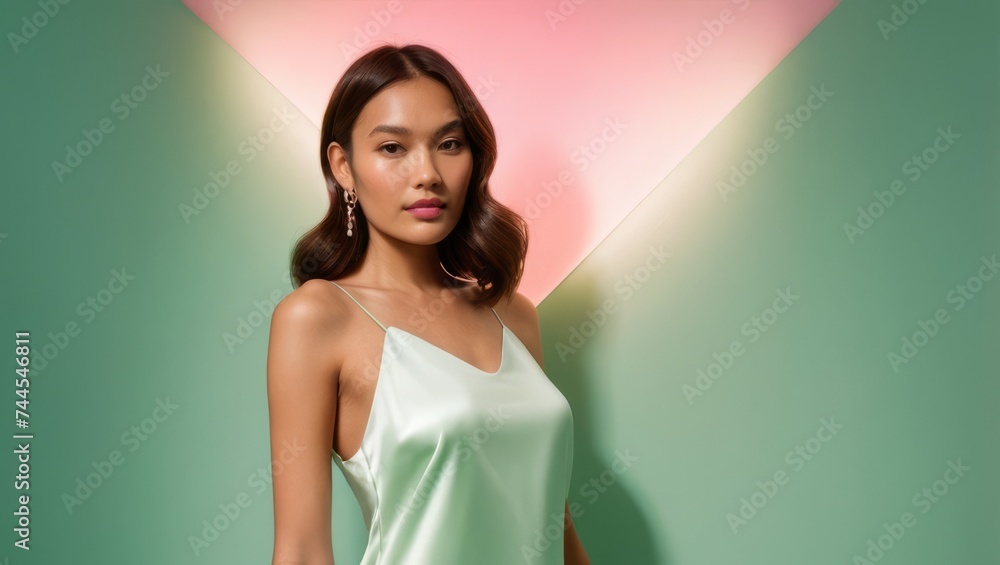 Beautiful girl modelling for aesthetic portrait in studio mint and pink gradient lighting, skin care concept