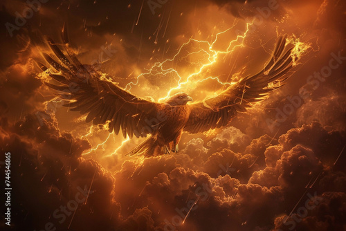 a majestic Thunderbird soaring high above storm clouds its wings spread wide lightning crackling around it symbolizing its dominion over storms and thunder