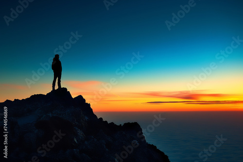 a lone figure standing atop a mountain at sunrise overlooking a vast horizon capturing the moment of clarity and inspiration in the face of natures majesty