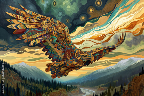 a mystical drawing of a Thunderbird its feathers adorned with tribal patterns flying over a landscape of mountains and rivers under a sky alive with the energy of an approaching storm