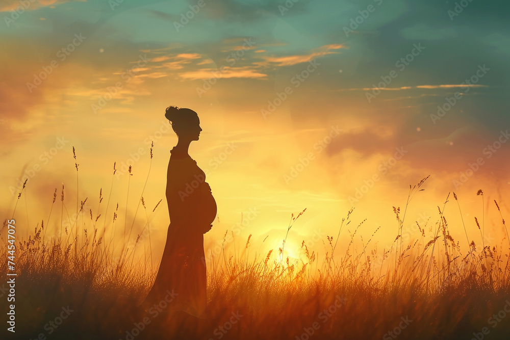 artistic rendering of a pregnant womans silhouette against the backdrop of a sunrise her form outlined by the delicate morning light evoking feelings of hope and joy