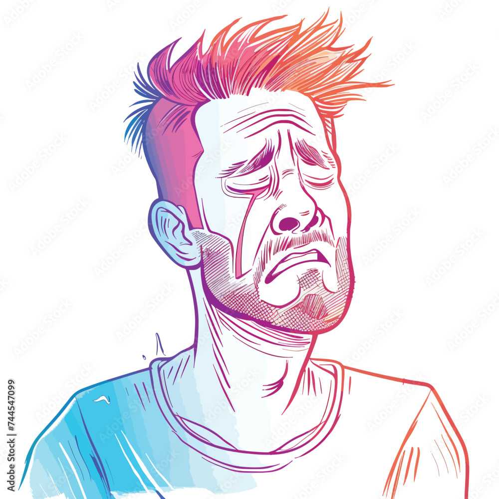 Cold gradient line drawing of a cartoon man crying