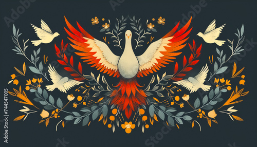 an empowering illustration of a phoenix rising surrounded by symbolic elements such as doves and olive branches representing the strength and resilience of women overcoming violence photo