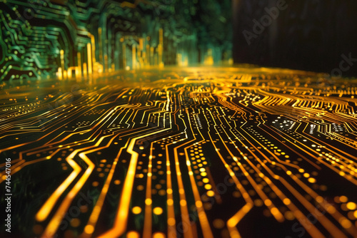 an illuminated printed circuit board from an angle that showcases the layers and depth of the traces creating a landscape of electronic pathways emphasizing the beauty of technology photo