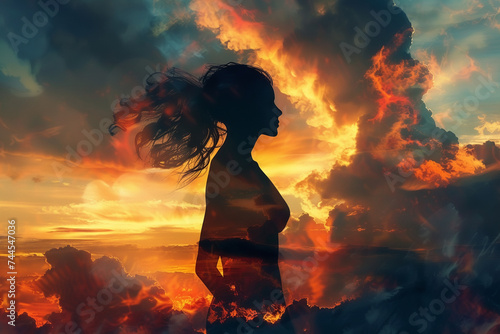 an inspiring portrait of a woman in a powerful stance silhouetted against a sunrise symbolizing hope strength and new beginnings photo
