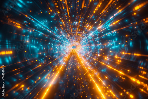 Animated 3D visualization of traveling through a speed lightning beam tunnel with particles whizzing past to indicate high speed