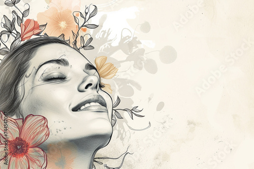 artistic drawing of a happy woman admiring her flawless skin surrounded by abstract floral elements with designated copy space on the sides for text